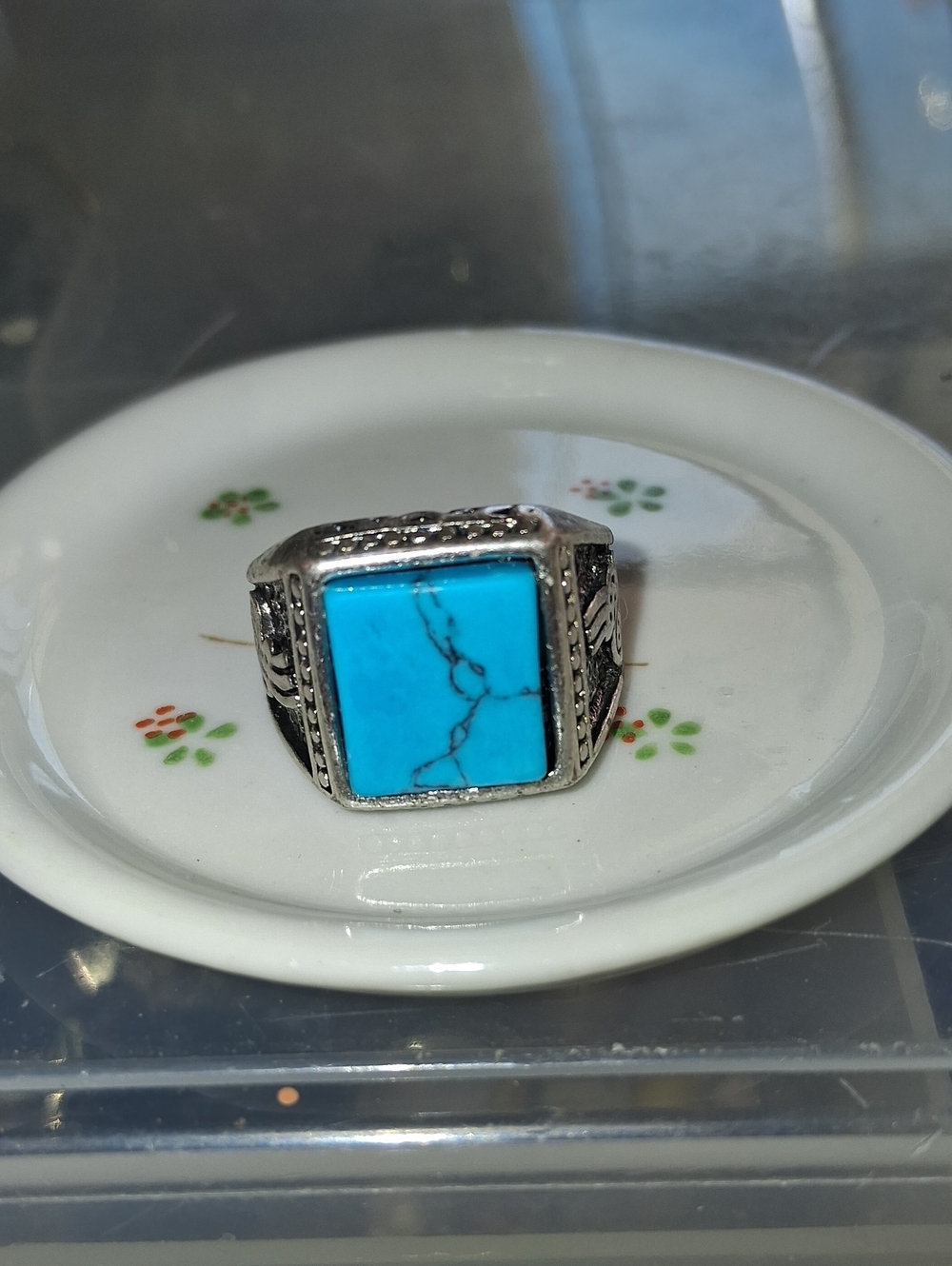 Turquoise Stone Men’s Statement Ring - Silver Tone
